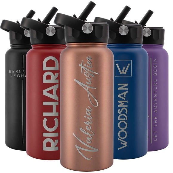 Amazing Items Bouteille d'Eau Personnalisée avec Paille et Couvercle, 32 oz - Or Rose / Bouteille d'Eau de Sport en Acier Inoxydable Personnalisée avec Nom et Texte - Double Paroi, Isolée sous Vide - Poignée Rotative