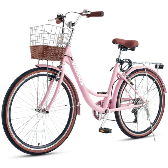 Viribus Vélo pour Femmes 24 Pouces Vélo de Plage et de Ville Cruiser avec 7 Vitesses Panier Rose