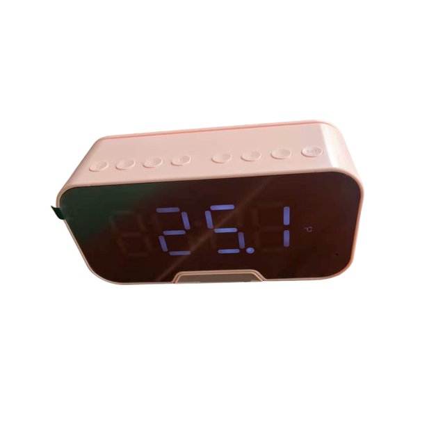 Youkk Speaker Clock Alarm Mirror Music Stereo Wireless Button Rechargeable Screen Support Office Pink