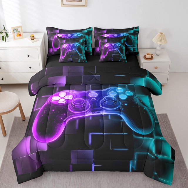 YST 7Pcs Kids Gamer Comforter Set Full, Gaming Bedding Comforter Set, Video Games Gamepad Bed In A Bag Neon Glowing Square Geometric Grid Blue Purple Bed Sets With Comforter And Sheets