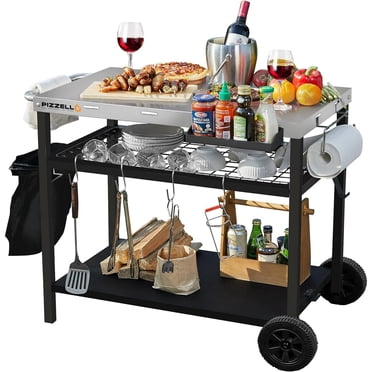 Grill Cart, Pizza Oven Stand, Outdoor bbq Prep Station with Storage, Wheel, Silver Stainless Steel Tabletop