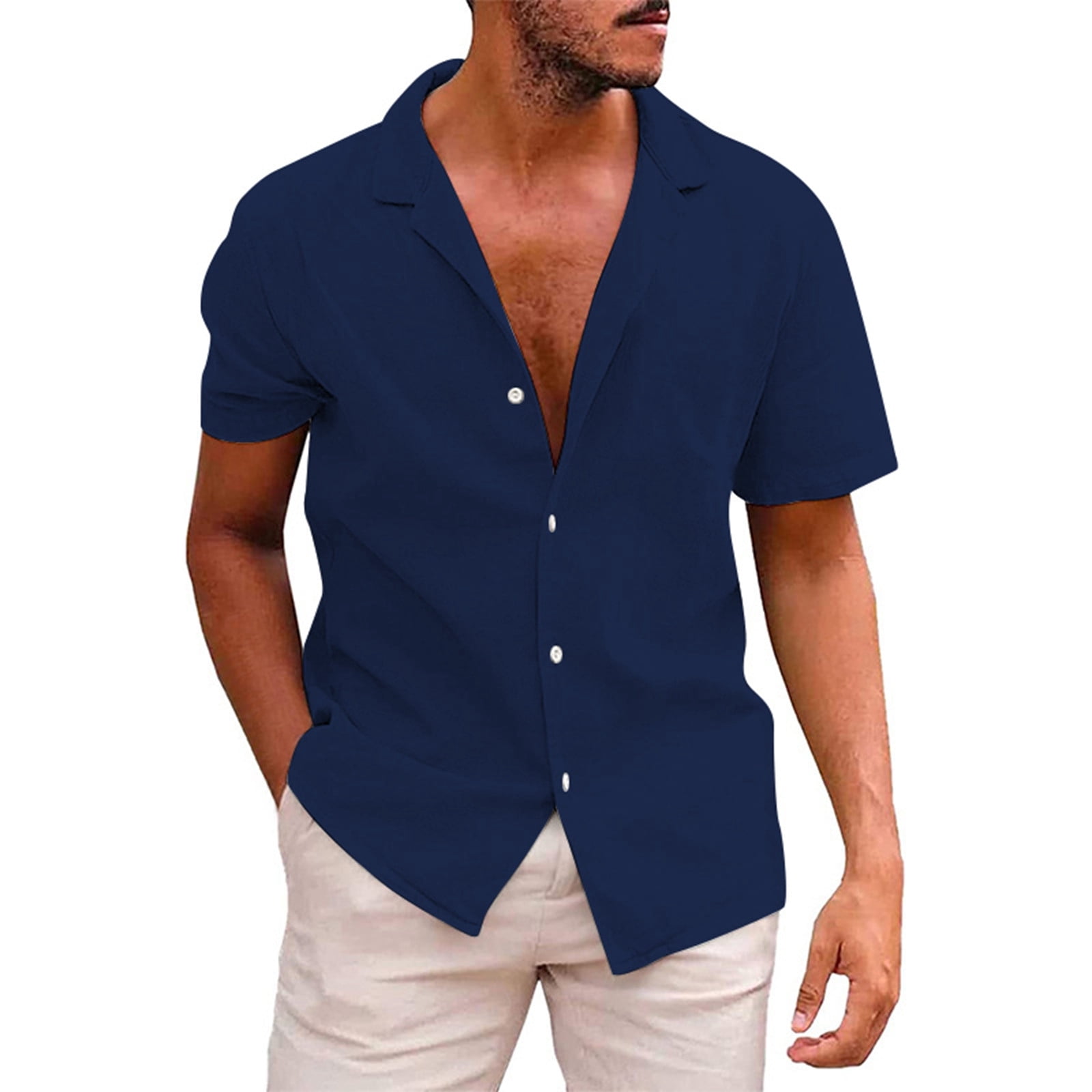 BOBOGOJP Shirts for Men Short Sleeve Button Down Shirts Fashion Textured Summer Beach Shirt,Navy M