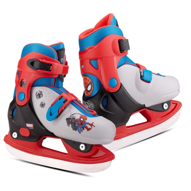 Marvel Spider-Man Hardshell Adjustable Ice Skates, extra small (Y8-Y11), featuring grey molded plastic boots with red and blue adjustable buckles, Spider-Man web and spider graphics, and durable steel blades for recreational ice skating that adjusts to four sizes as your child grows.