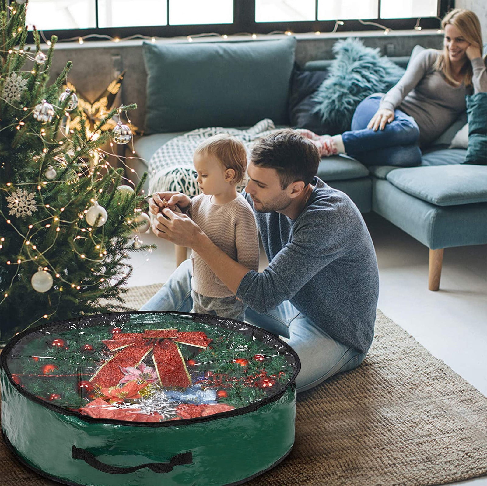 Yhmxh Home Storage-Storage Bins Storage Container Organization and Storage Christmas Wreath Storage Bag - Garland Holiday Container with Clear Window - Tear Proof Fabric Storage Bins