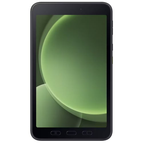 Samsung Galaxy Tab Active5 5G SM-X308U Rugged Tablet with an 8-inch WUXGA display (1920 x 1200 resolution), Samsung Exynos 1380 octa-core processor, and Android 14. This green tablet supports up to 1 TB microSDXC memory, Wi-Fi 6, and cellular phone capability. Front-facing view showcases its rugged design, physical navigation buttons, and durable build, ideal for demanding environments.