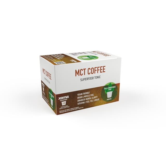 Xoma Superfoods Café Soluble Micro-Moulu avec Poudre de MCT, une Capsule Entièrement Végétale compatible Keurig. l'Emballage Met en Valeur des Caractéristiques comme le Végan-Friendly, le Carburant pour le Cerveau et les Muscles, une Clarté Mentale Accrue et des Propriétés Satisfaites. la Boîte Contient 12 Capsules Entièrement Compostables et Est Étiquetée comme un Superaliment Tonique.