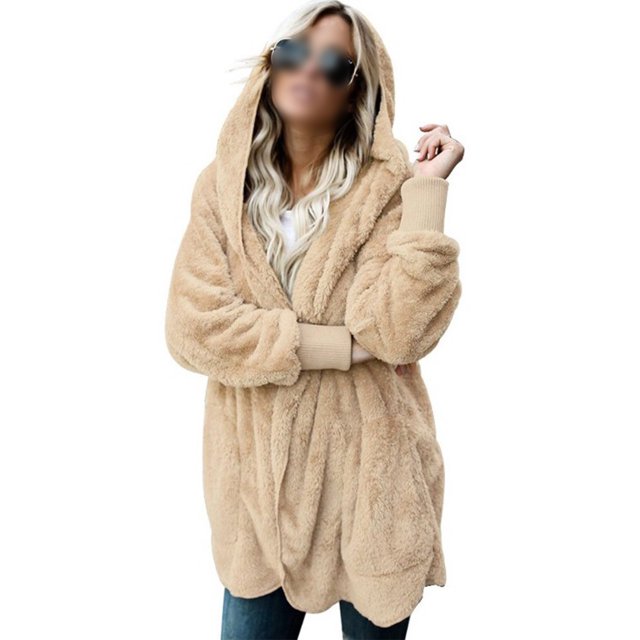 Innerwin Coat Hooded Ladies Outwear Winter Warm Long Sleeve Fuzzy Jacket Beige XXL