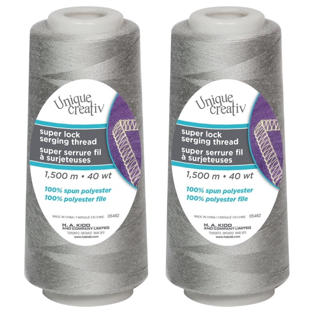 UNIQUE CREATIV TRULOCK serging thread in grey, 100% spun polyester, 40 wt, 1500 m cone, shown as two upright cones with white plastic tops and labels indicating use for seams, rolled hems, and overlock machine stitching on knit and woven fabrics.