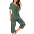 thumbnail image 2 of Timegard Womens Pajamas Sets Lounge Short Sleeve Pleated Top Checkered Capri Pants with Pockets Pjs Outfits, 2 of 7