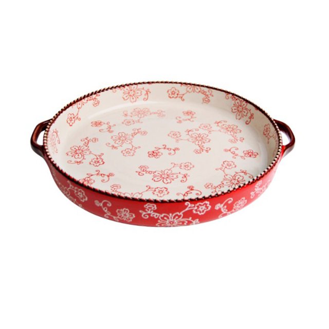 Double-Handled Round Baking Pan Hand-Painted Cherry Blossoms Beaded Edge for Baking Desserts Pizza