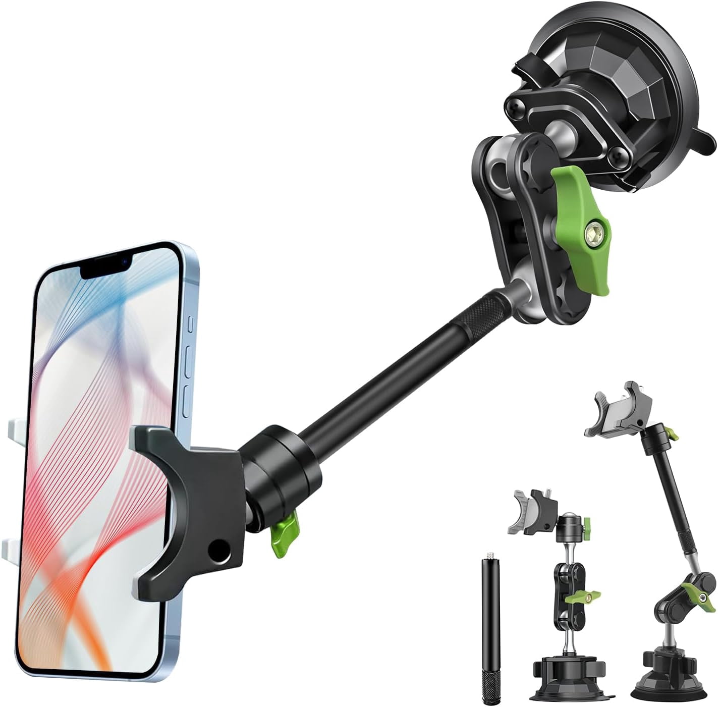 MJMJ Suction Cup Car Phone Mount, 12 in Heavy Duty Metal Cell Phone Holder for Windshield, 360° Rotation Vacuum Magic Arm for iPhone All Smartphone & Cars Truck