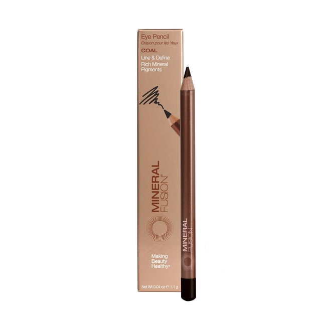 Mineral Fusion TOUCH - EYE PENCIL in Coal shade with a sharpened tip, shown with its beige box featuring 'Line & Define' and 'Rich Mineral Pigments'. This hypoallergenic, vegan eyeliner pencil offers smooth, precise application suitable for sensitive eyes.