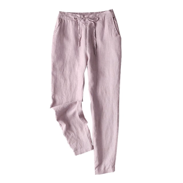 Loose Plus Size Pants for Women Straight Leg Capris Pants Casual Slacks Cotton Sweatpants Drawstring Elastic Waist Trousers Clearance Solid Color Pants Workout Pink XXXL