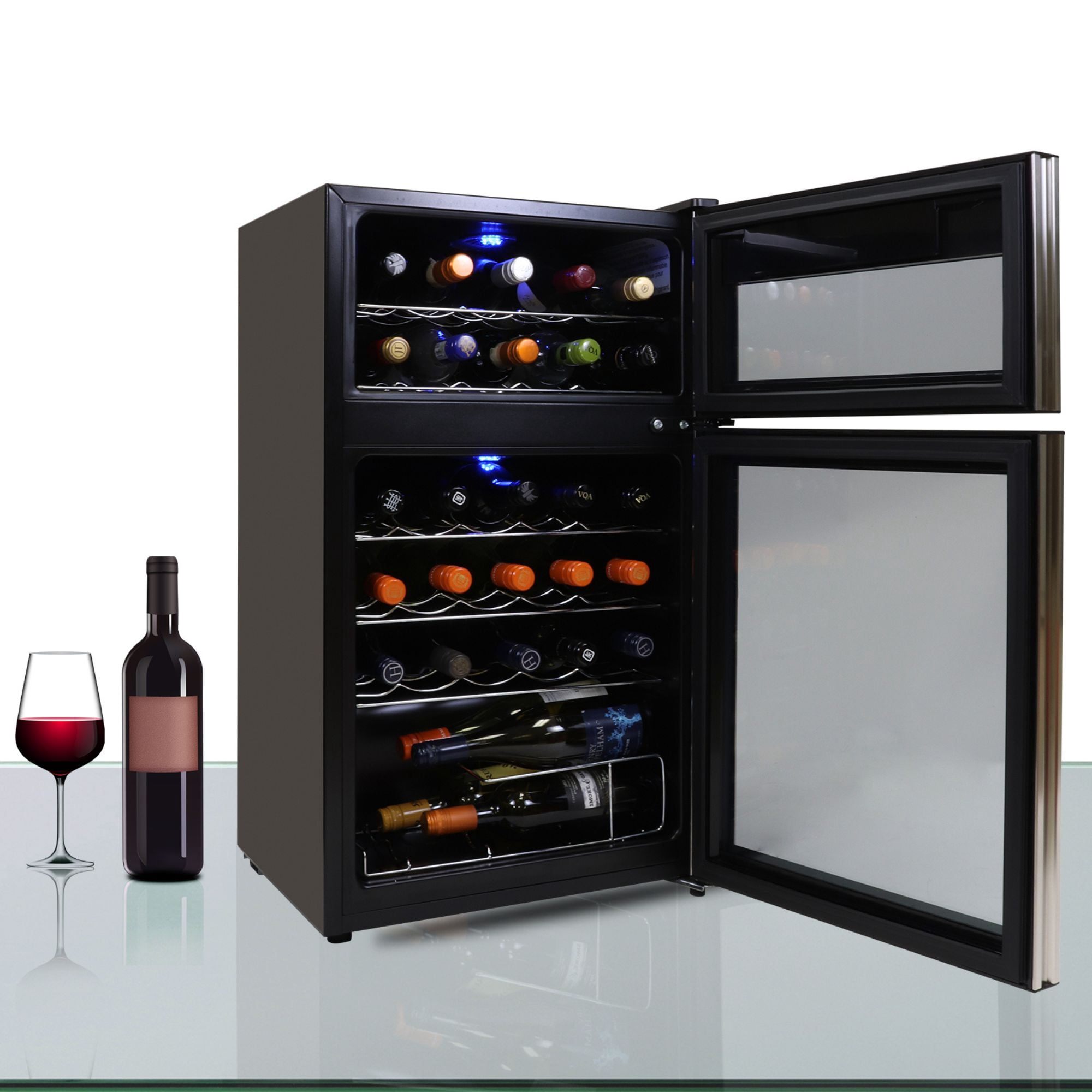 Koolatron 29 Bottle Dual Zone Wine Cooler, Black, 3 cu ft (86L) Compressor Wine Fridge, Freestanding Wine Cellar, Red, White, Sparkling Wine Storage in Home Bar, Kitchen, Apartment, Condo