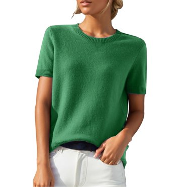 WTXUE T-Shirts à Manches Courtes, Chandails à Col Rond pour Femmes T-Shirt Ample avec Bas en Tricot Haut Court Hauts en Tricot Unis / Décontractés pour Femmes Green XL