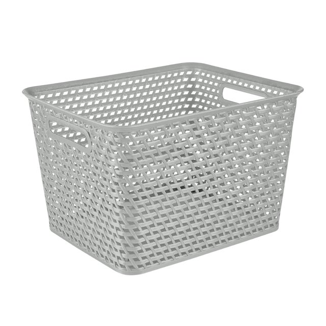 Panier Mia, Grand, Panier de Rangement Décoratif Gris en Résine avec design Tressé et Forme Rectangulaire, Doté de Poignées Latérales pour un Transport Facile, Idéal pour Organiser des Articles dans n'Importe Quelle Pièce Ou sur une Étagère Ouverte, et Adapté au Rangement Élégant dans les Espaces de Vie.