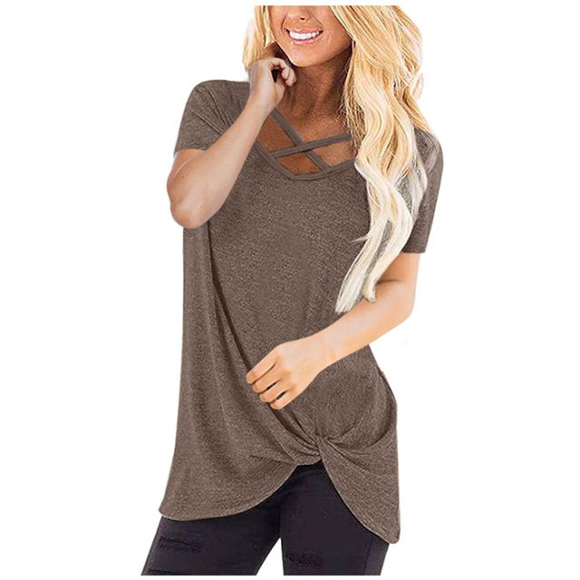 Pompotops T-shirt à Manches Courtes Col en V Uni pour Femmes Blouse Ample
