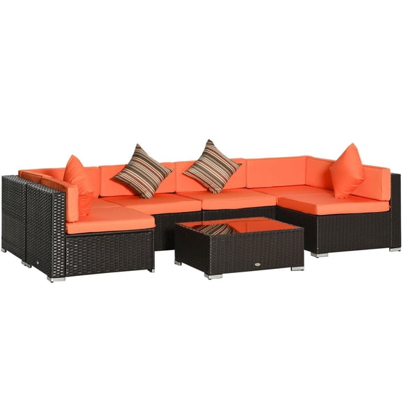 Outsunny 7 Pieces Patio Furniture Set with Cushions, PE Rattan Outdoor Conversation Set, Sectional Furniture Sofa Set with Glass Top Coffee Table and Pillows, for Garden, Lawn, Deck, Orange