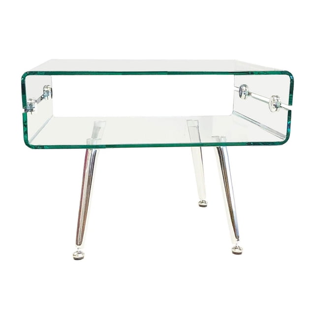 Canadian Symphony Table d'Extrémité Pieds en Métal avec un Dessus en Verre Trempé Transparent de 12 mm et une Tablette Inférieure Supportée par des Pieds en Métal Solides, Présentée Orientée vers l'Avant sur un Fond Blanc, Convient à l'Usage au Salon et Est Souvent Utilisée comme surface d'Exposition pour la Déco Ou les Livres.