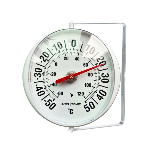 Thermomètre interieur ou extérieur de Accutemp, support inclus, lectures de température en °C et °F, Blanc, Rond