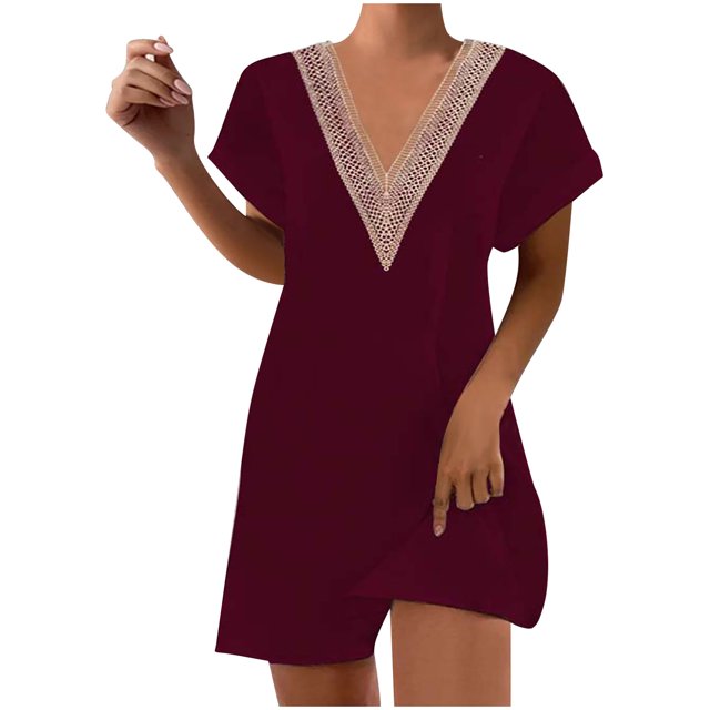 Birdeem Mode Femme Été Uni Décontracté Col en V Manches Courtes Vacances Robe en Dentelle