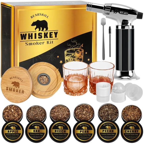 Trousse de Fumeur de Whisky avec Torche - 6 Saveurs de Copeaux de Bois Naturels, 2 Verres, 2 Moules à Glace - Trousse d'Infuseur pour Fumeur de Cocktail, Trousse de Fumeur à l'Ancienne, Cadeaux d'Anniversaire de Whisky Bourbon pour Hommes, Papa (Sans Butane)