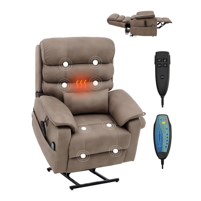 VEVOR Power Lift Recliner Chair with Heat and Massage Electric Recliner Light Brown front-facing light brown velvet lift recliner with tall padded back, padded armrests, side storage pocket and wired remote; footrest partially extended and back reclined, lumbar heating and massage controls visible; dimensions D35.4" x W37.2" x H42.7"; often used as a living-room reading chair and suitable for short naps or resting between activities.