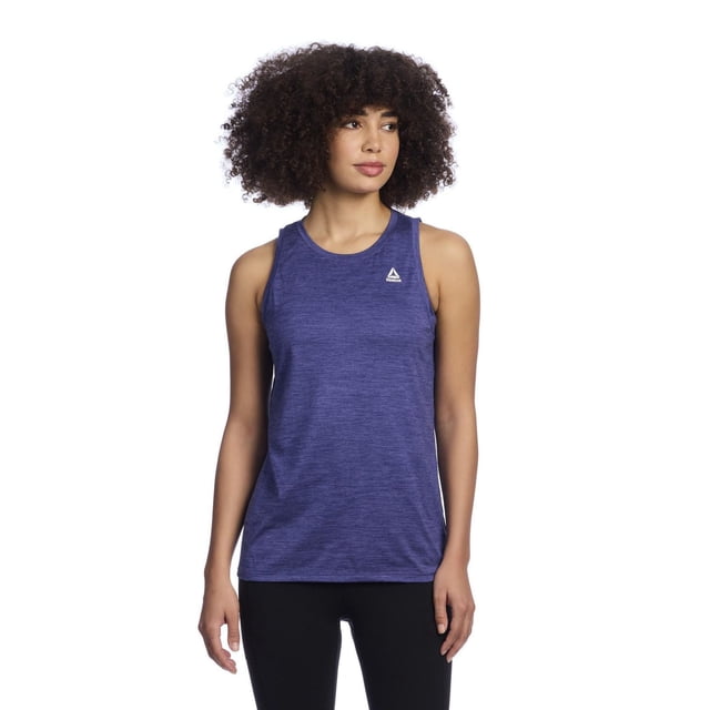 Reebok Women’s ‘Legacy’ Tank Top in blue heather recycled polyester blend, sleeveless with a crew neckline and relaxed fit, featuring the white Reebok Delta logo on the left chest, paired with black leggings on a white background, ideal for activewear or casual layering.