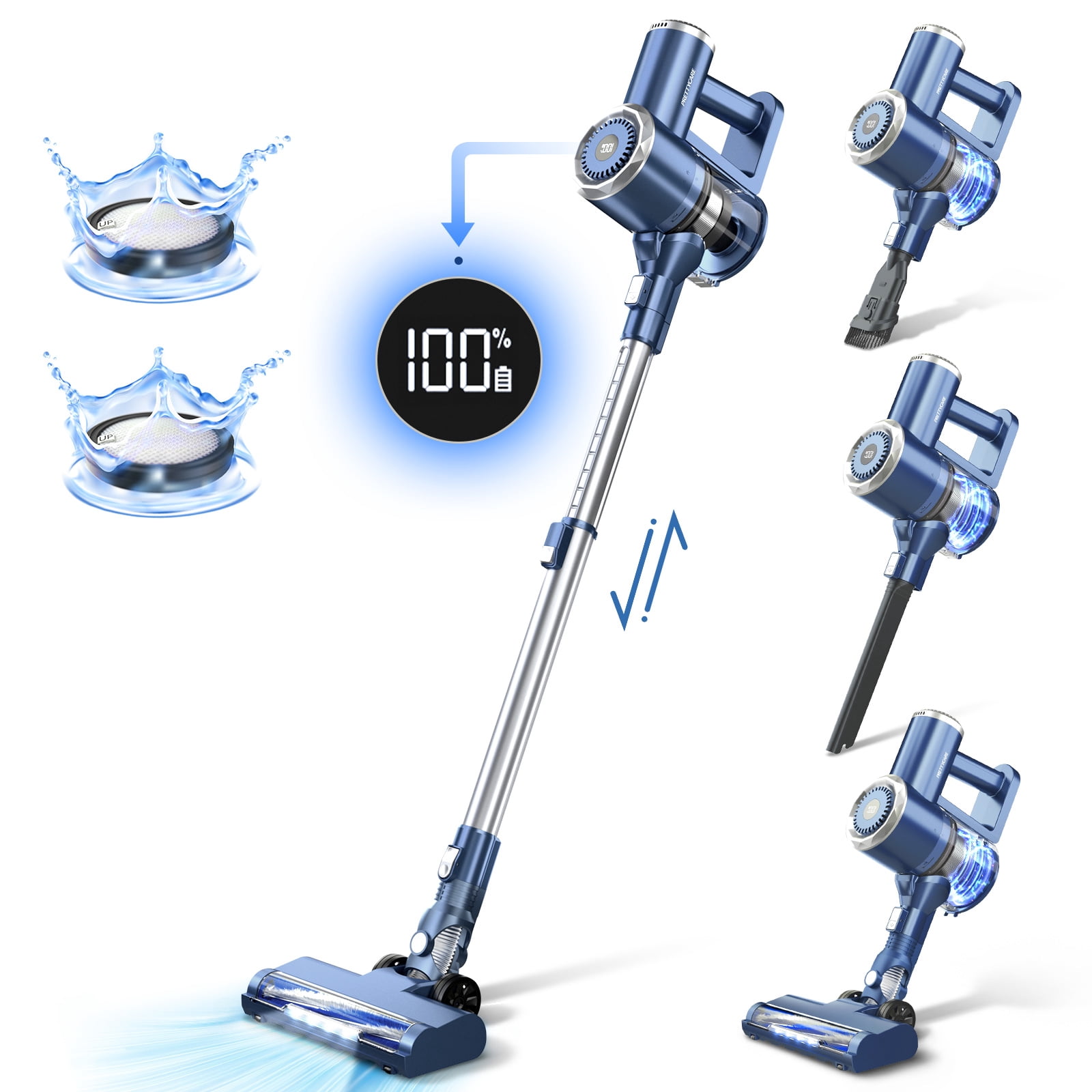 PrettyCare Cordless Vacuum Cleaner, 6-in-1 Lightweight Stick Vacuum,Self-Stand,Deep-Blue,W200-LB
