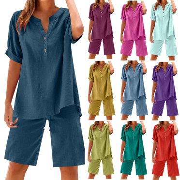 Sentmoon Ensemble de Brunch 2 Pcs pour Femmes et Ensemble de Shorts Athlétiques Chemise Boutonnée Col en V Vêtements en Lin Manches Courtes Hauts d'Été Décontractés pour Détente à la Maison Foncé TTTTG