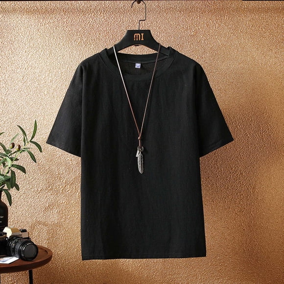 Men's Summer Solid Color Round Neck Linen Short Sleeved T Shirt Japanese Big Yards Casual Versatile Design for Everyday Wear