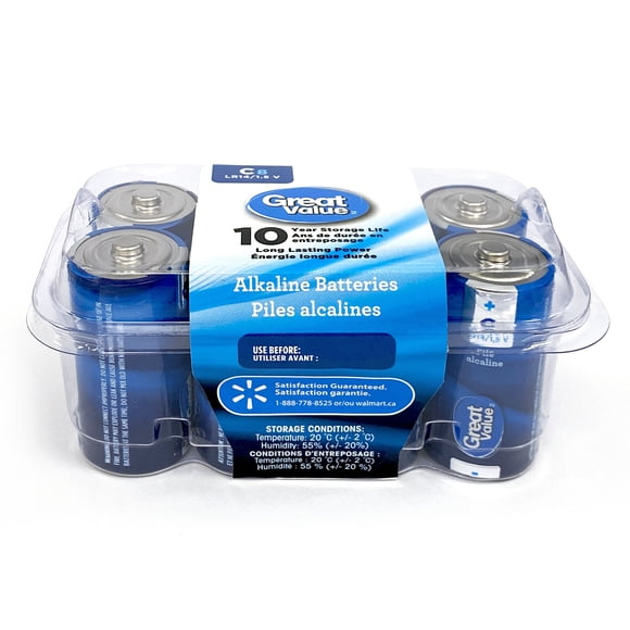 Piles alcalines C LR14 de 1,5 V Great Value Paquet de 8, 10 ans de durée en entreposage