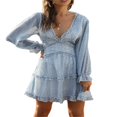thumbnail image 3 of Women Printed Pattern Dress  Long Sleeve Deep V-neck Multiple Layer One-piece  S/ M/ L/ XL, 3 of 5