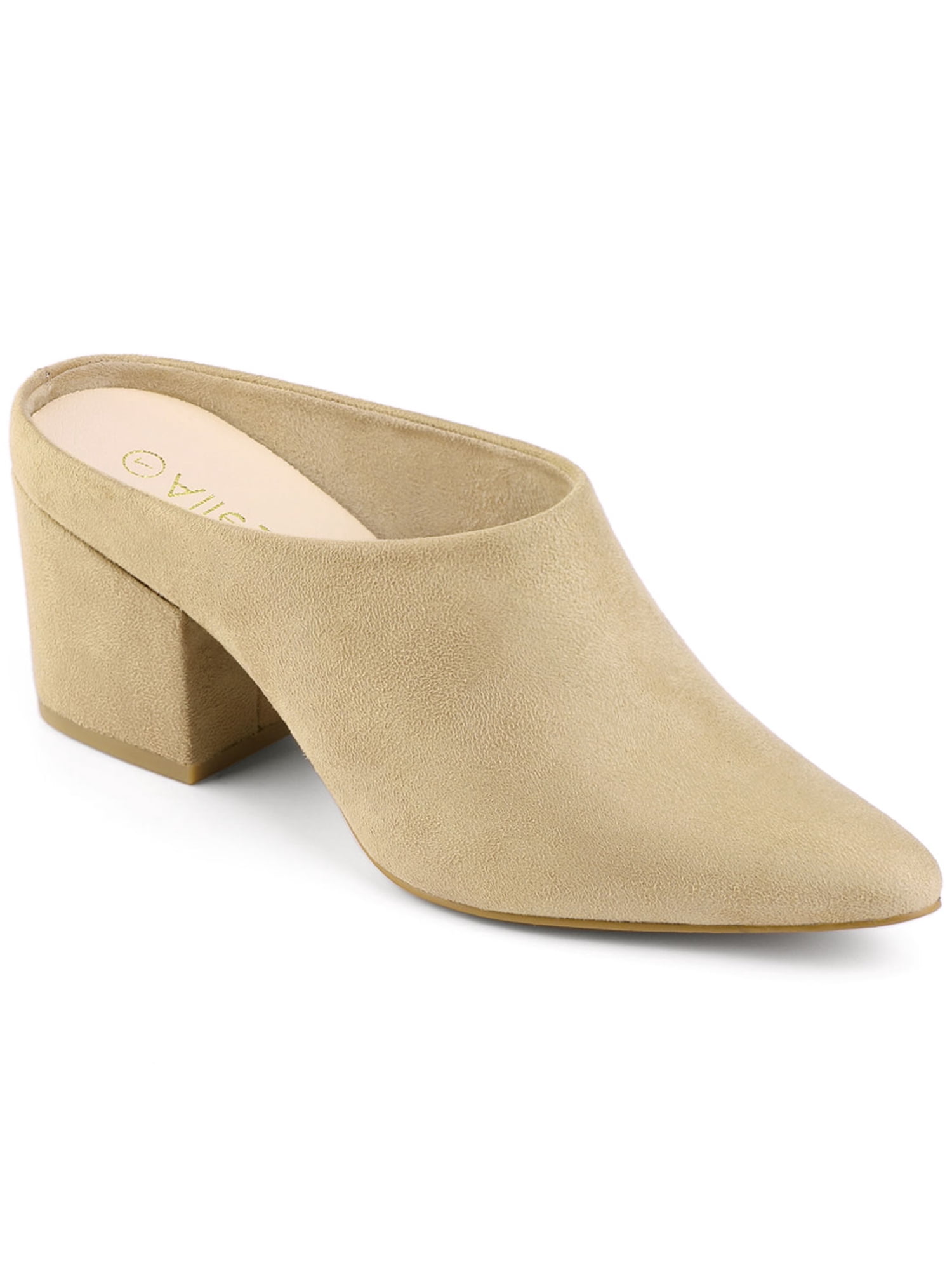 BLISSFUL STEP Sandales à Talons Hauts Blocs pour Femmes à Enfiler Mules à Bout Pointu Beige 7
