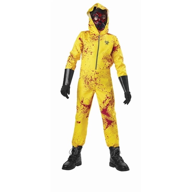 HALLOWEEN costume de Garçon de ZOMBIE HAZMAT Mettant en Vedette une Combinaison Jaune avec de Fausses Éclaboussures de Sang Rouges et un Symbole de biohazard Noir sur la Poitrine, Fermeture Éclair avant, Capuchon Attaché, Gants Noirs et Bottes Noires, Convient aux occasions de Zombies d'Halloween et de Déguisement Effrayant.