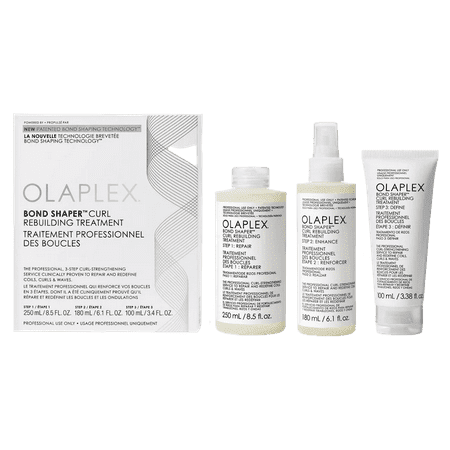 Olaplex Bond Shaper Curl Rebuilding Treatment 3-Step Kit featuring shampoo, conditioner, and curl treatment bottles. Includes natural ingredients and designed for professional curl care and scalp treatment. Packaging highlights Olaplex branding and bond shaping technology.