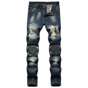 DDAPJ pyju Men Ripped Jeans Vintage Distressed Faded Jean Pants Slim Fit Straight Leg Stretch Denim Pants with Patches Hip Hop Streetwear Destroyed Jeans on Clearance Blue XXXXXXL