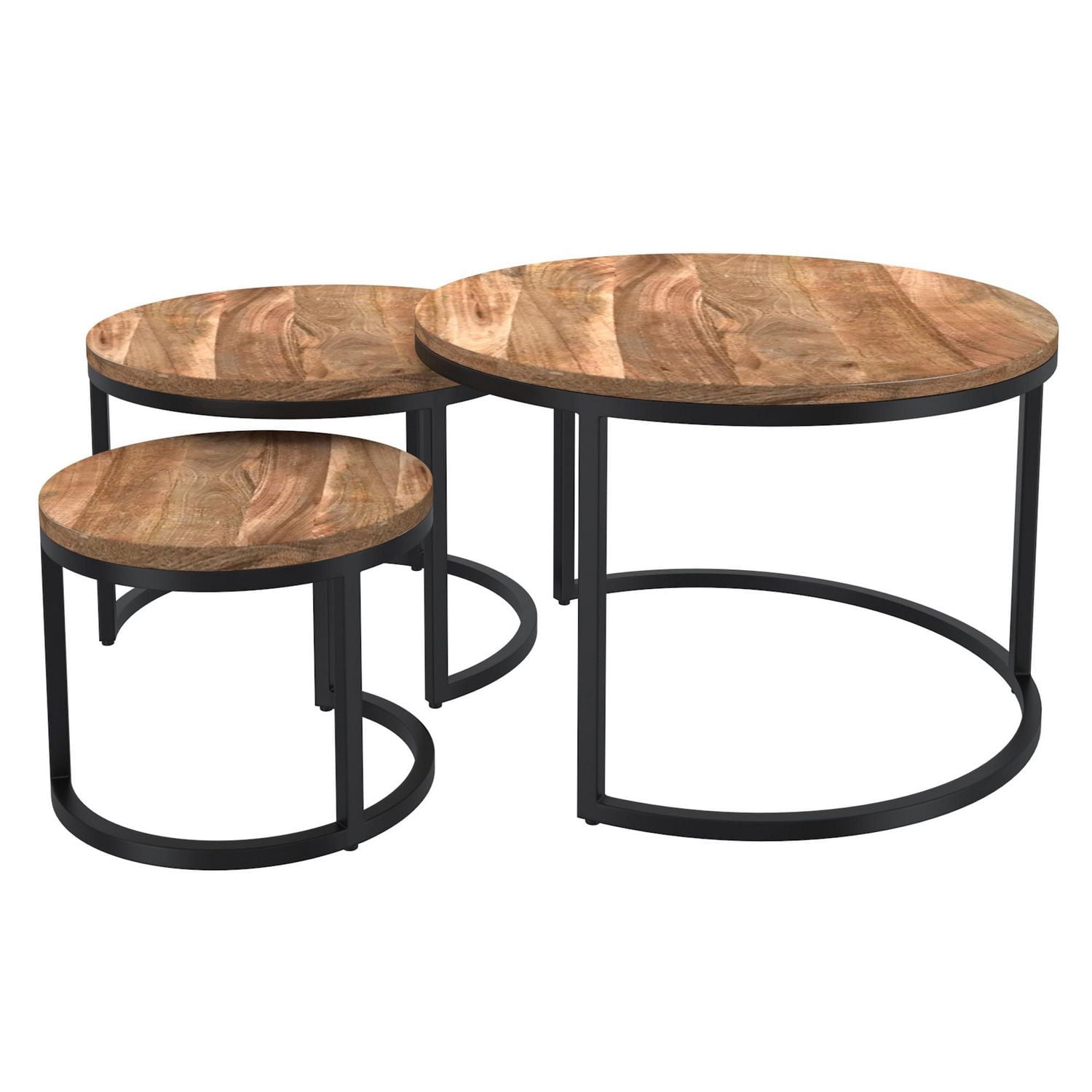 Ensemble de tables de salon rustiques modernes en bois massif et en fer, ensemble de 3 – naturel et noir