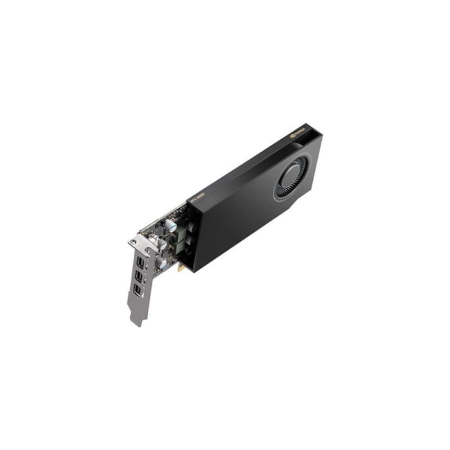 Nvidia RTX A1000 low profile graphics card with 8GB GDDR6 memory, PCI4.0 x8 interface, and 4 Mini DisplayPort outputs. Includes retail boxed packaging, ATX I/O bracket attached, loose LP I/O bracket, and one Mini DP to DP dongle.