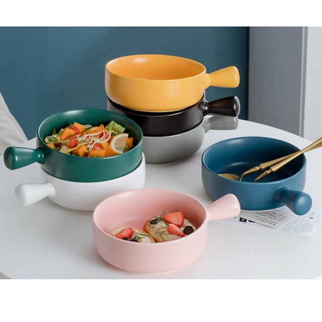 serony Ceramic Salad Bowl Handled Solid Color Adorable Washable Cute Home Breakfast Dinner Soup Fruit Bowls Tableware Grey