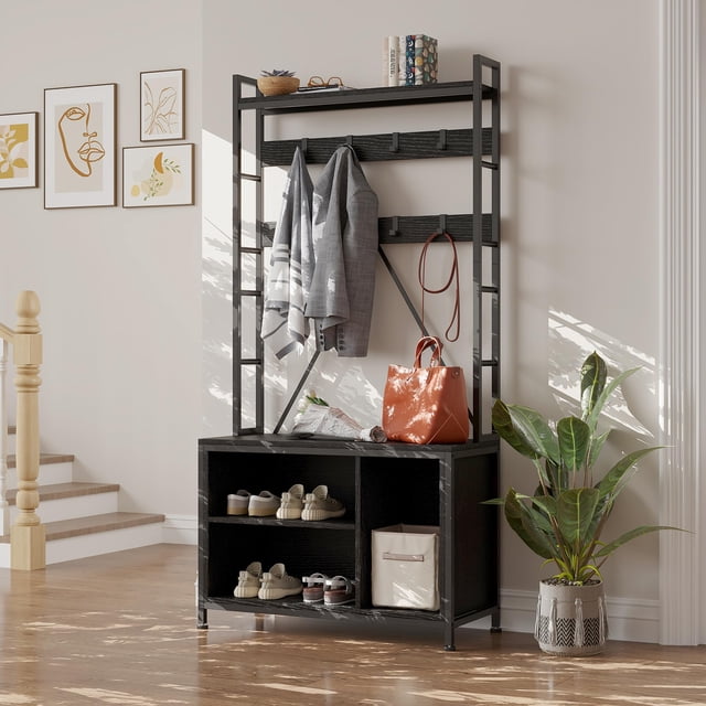 Cherish Portemanteau d'Entrée avec Banc et Porte-Manteau, Banc à Chaussures d'Entrée de 36,41 Pouces, avec 17 Crochets, Tiroirs et Tablette Supérieure, Organisateur de Rangement Autoportant 5-en-1 pour Entrée, Vestiaire