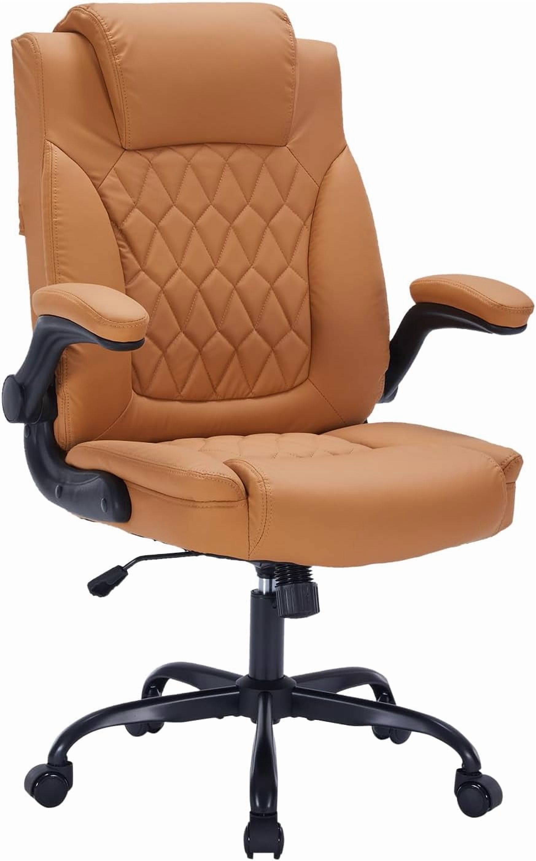 Ergonomic PU Leather Executive Office Chair 350 lbs with Lumbar Support and Flip-Up Arms Brown for Home Office