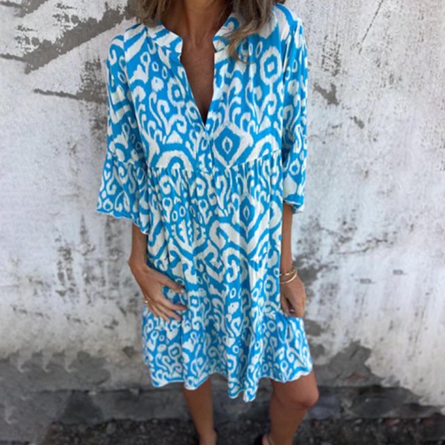 Ovzne Robes d'Été pour Femmes Robe d'Été Mode Décontractée Imprimée Bouton Été Manches Courtes Col en V Robe d'Été Manches Courtes Imprimée Liquidation