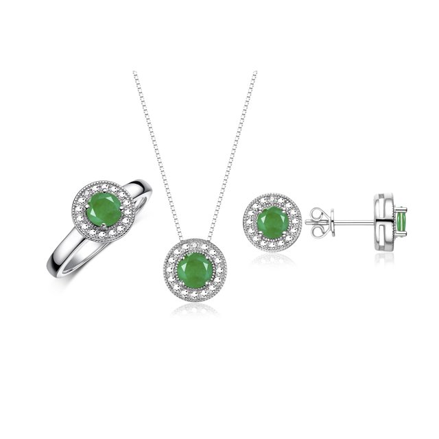 RYLOS Halo Designer Matching Set Sterling Silver: Ring, Earring & Pendant Necklace. Gemstone & Diamonds, 4MM Emerald May Birthstone; Size 10
