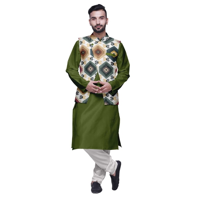 Atasi Kurta Churidar Uni pour Homme à Col Mandarin, Pyjama et Ensemble de Veste Nehru Imprimée