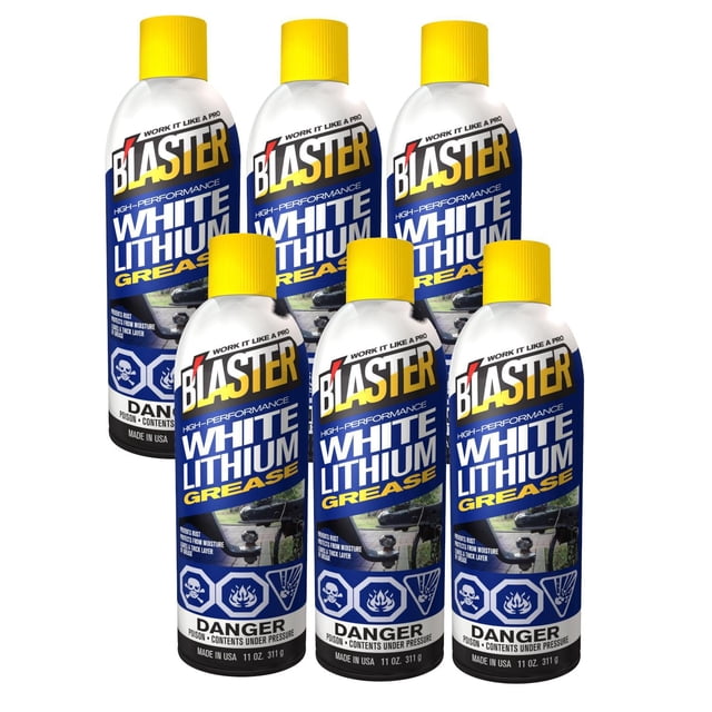 Blaster White Lithium Grease 6-Pack with six white aerosol cans and yellow caps, formulated for power tools lubrication, protecting against moisture and oxidation with a thick, low-odor grease layer suitable for heavy-duty maintenance and tool accessories.