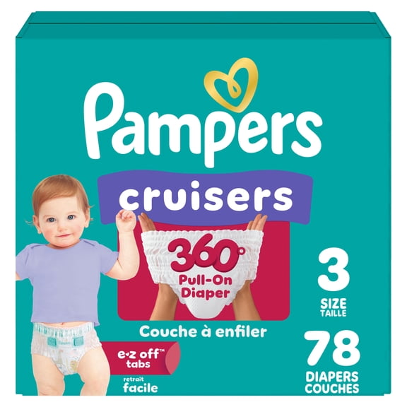 Pampers Diapers - Cruisers 360° - Size 3, up to 100% Leakproof Fit, Designed for Active Babies, Pull On Diaper, EZ Off Tabs Designed for Easy Changes