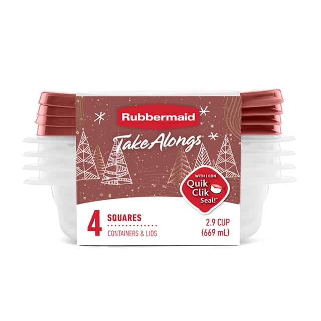 Rubbermaid TakeAlongs 2.9-Cup Food Storage Containers, Meal Prep Containers with Lids, Limited-Edition Maple Leaf Red, 4-Pack with four clear square containers stacked with maple leaf red lids, featuring QuikClik Seal audible locking lids, BPA-free, microwave-safe bases, and ridged lids for easy stacking, ideal for meal prep and storing leftovers.