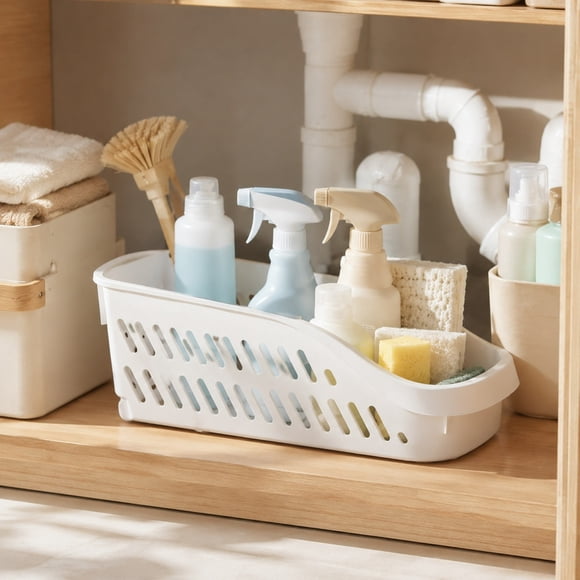 ZZkhGO Versatile Storage Bin with Handle, Stackable Organizer Container, Durable White Plastic Home Organization for Kitchen Pantry Bathroom Cabinet