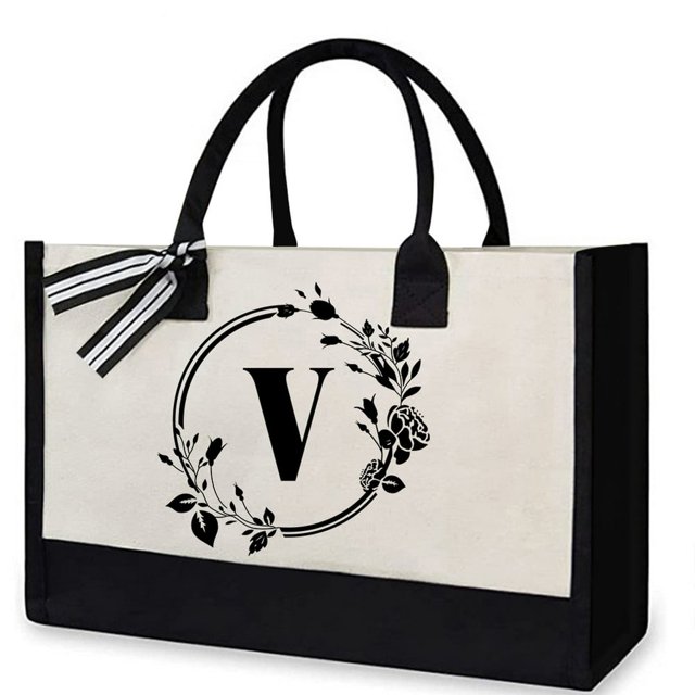 Toile Sac à Main Lettres Fleur Portable Plage Épaule Shopping Cabas (V)